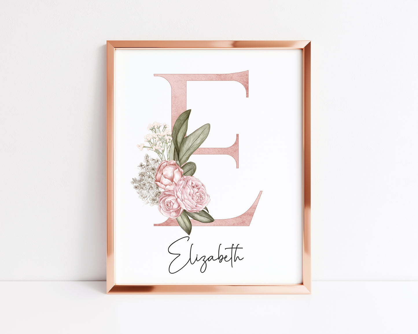 Personalised initial name print, pink and green watercolour floral initial illustration nursery unframed print