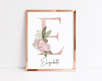 Personalised initial name print, pink and green watercolour floral initial illustration nursery unframed print