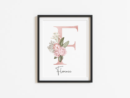 Personalised initial name print, pink and green watercolour floral initial illustration nursery unframed print