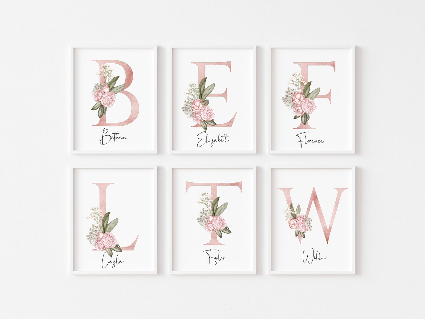 Personalised initial name print, pink and green watercolour floral initial illustration nursery unframed print