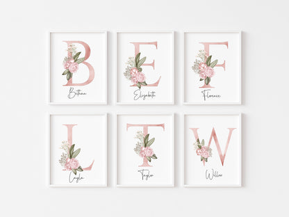 Personalised initial name print, pink and green watercolour floral initial illustration nursery unframed print