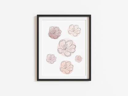 Peonies flowers line drawing with pink and purple watercolour unframed wall art poster print