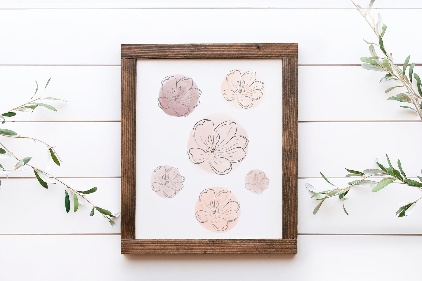 Peonies flowers line drawing with pink and purple watercolour unframed wall art poster print