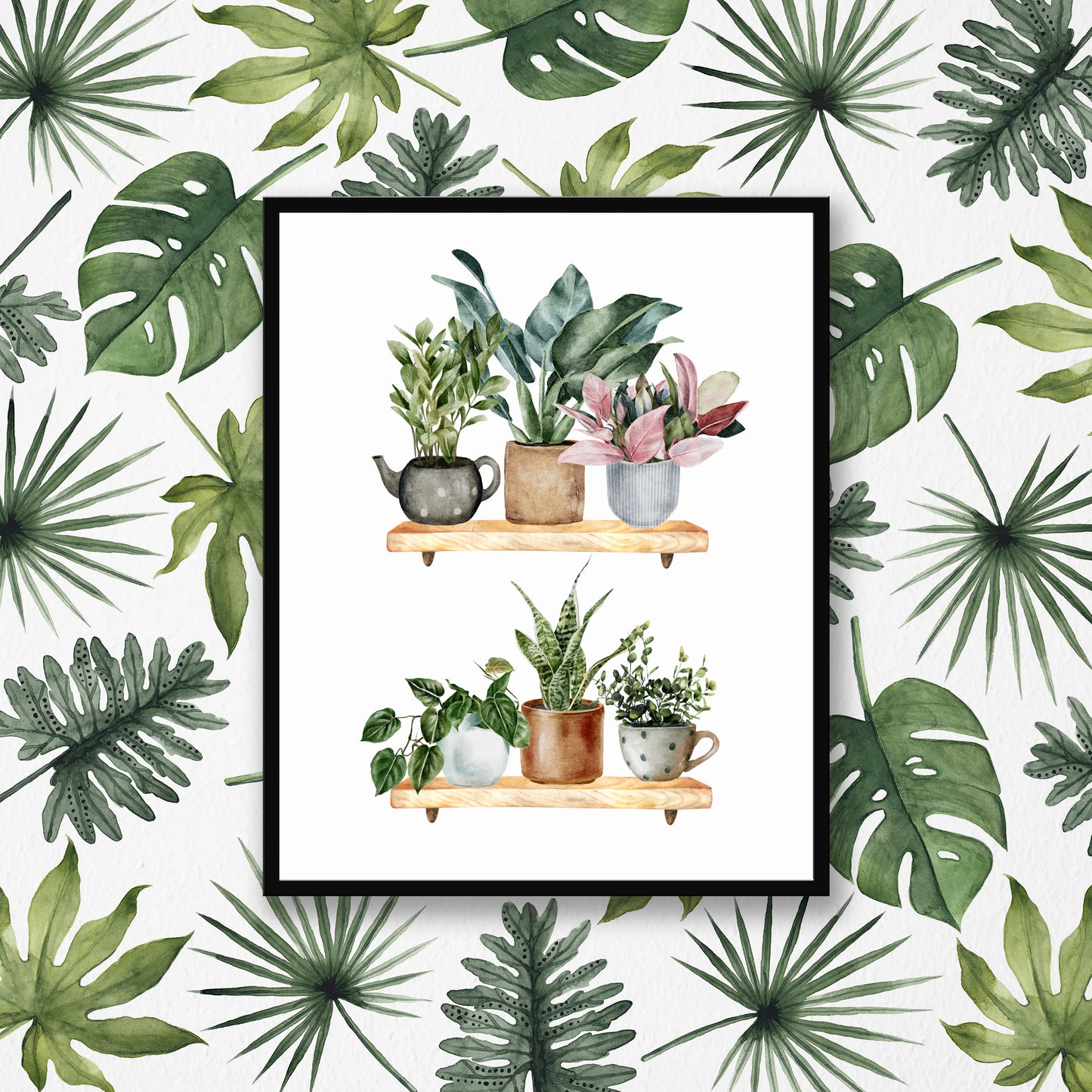 Plant shelfie funky cactus/plants watercolour illustration unframed wall art poster print