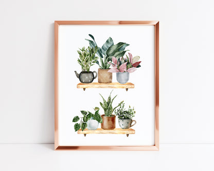 Plant shelfie funky cactus/plants watercolour illustration unframed wall art poster print