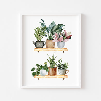 Plant shelfie funky cactus/plants watercolour illustration unframed wall art poster print