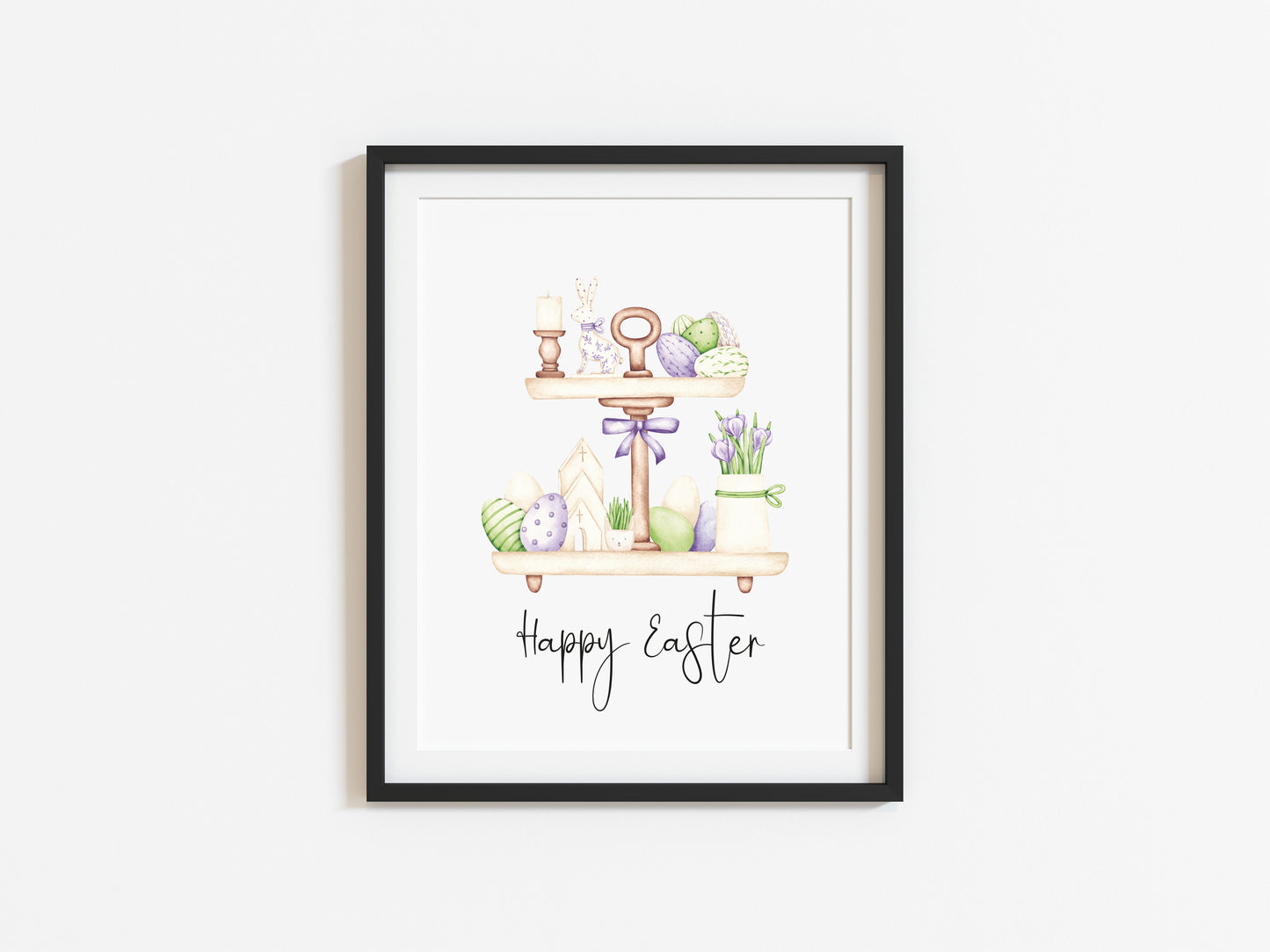 Happy Easter green,purple and cream tiered kitchen tray watercolour seasonal spring nursery unframed wall art poster print