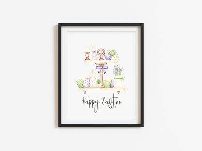 Happy Easter green,purple and cream tiered kitchen tray watercolour seasonal spring nursery unframed wall art poster print