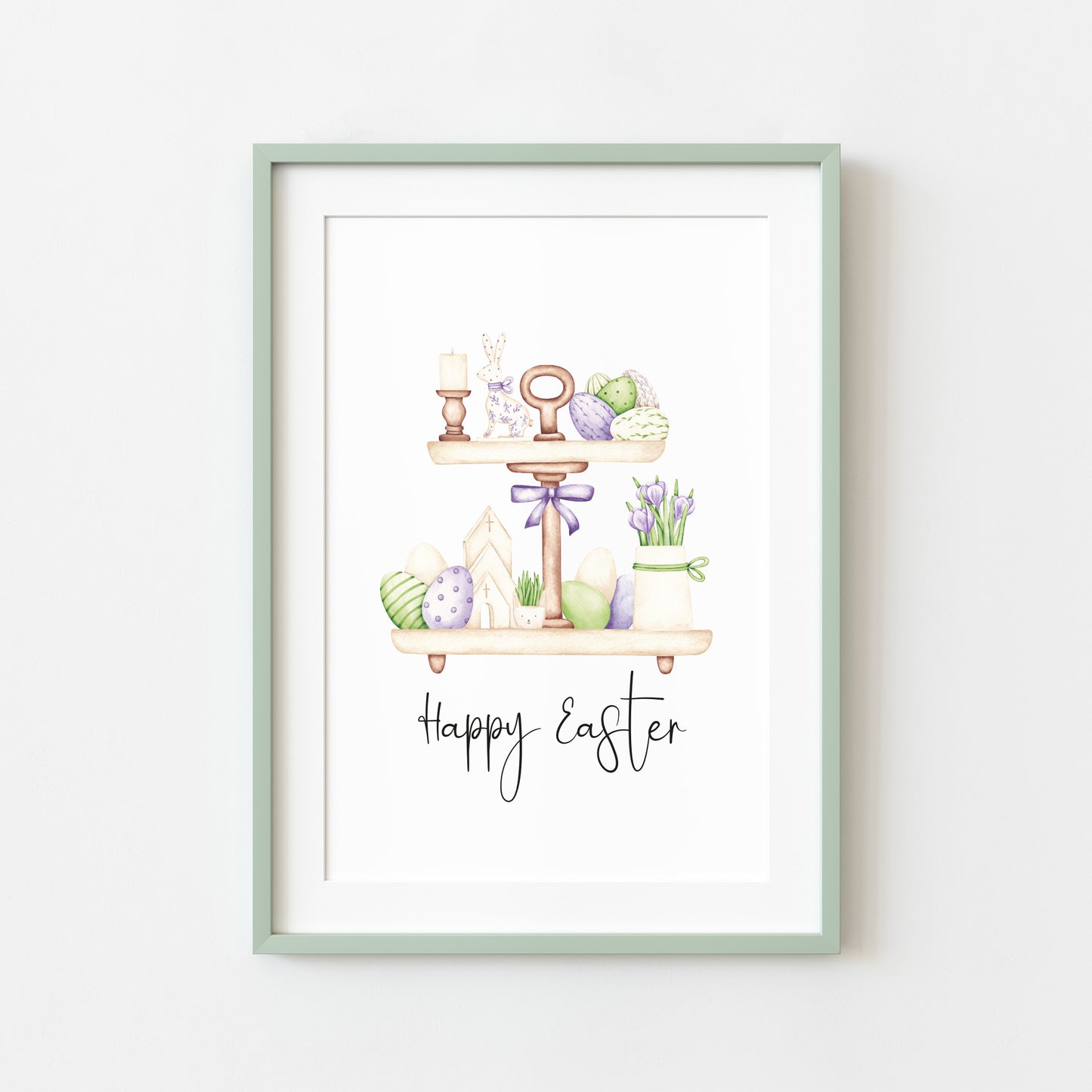 Happy Easter green,purple and cream tiered kitchen tray watercolour seasonal spring nursery unframed wall art poster print