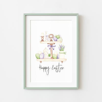 Happy Easter green,purple and cream tiered kitchen tray watercolour seasonal spring nursery unframed wall art poster print