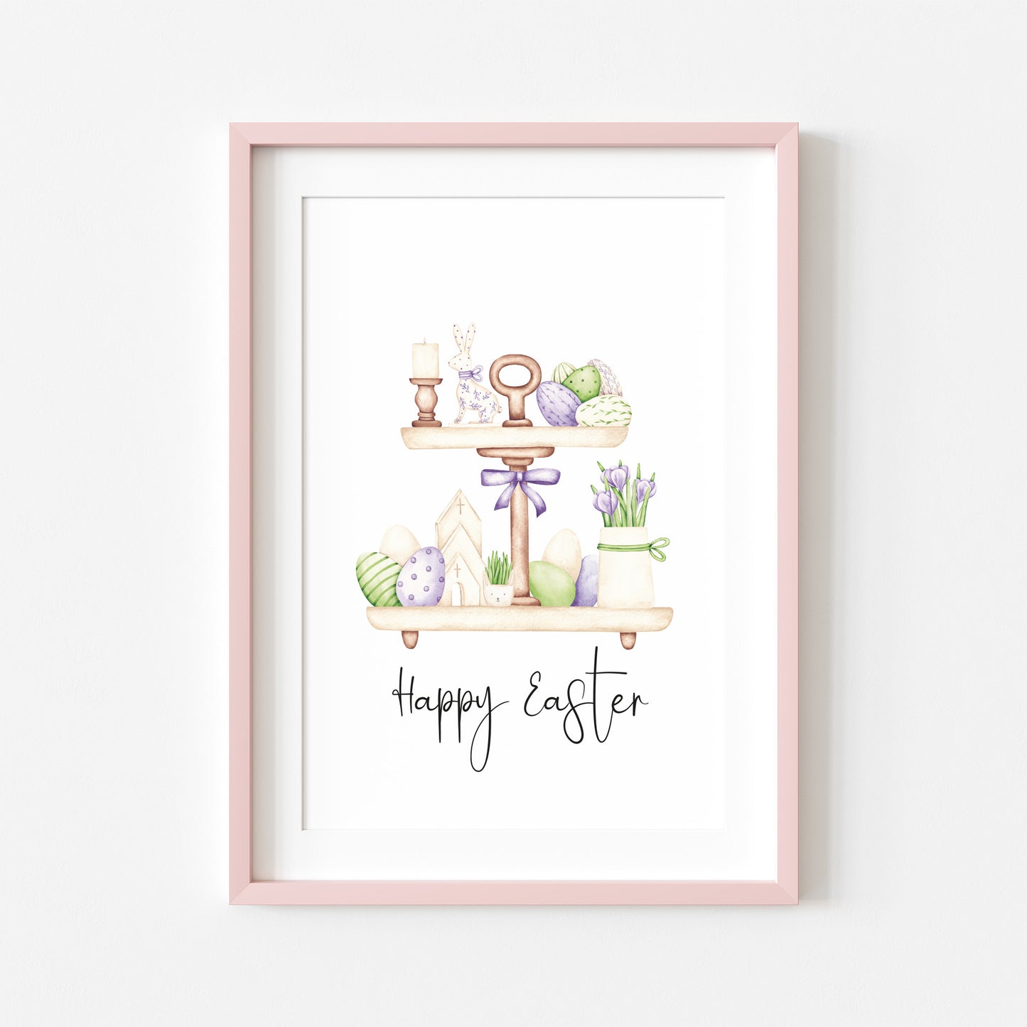 Happy Easter green,purple and cream tiered kitchen tray watercolour seasonal spring nursery unframed wall art poster print