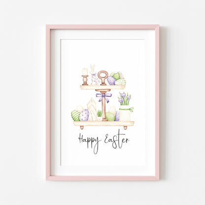 Happy Easter green,purple and cream tiered kitchen tray watercolour seasonal spring nursery unframed wall art poster print