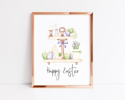 Happy Easter green,purple and cream tiered kitchen tray watercolour seasonal spring nursery unframed wall art poster print