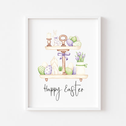 Happy Easter green,purple and cream tiered kitchen tray watercolour seasonal spring nursery unframed wall art poster print