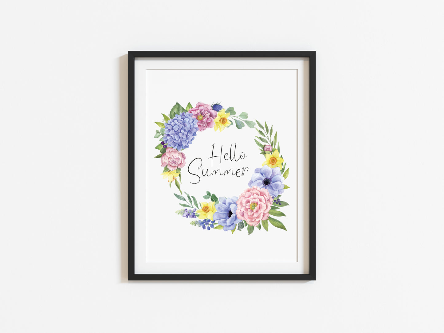 Hello summer purple, yellow and green floral wreath typography unframed print