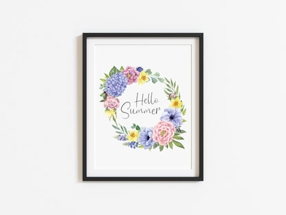 Hello summer purple, yellow and green floral wreath typography unframed print