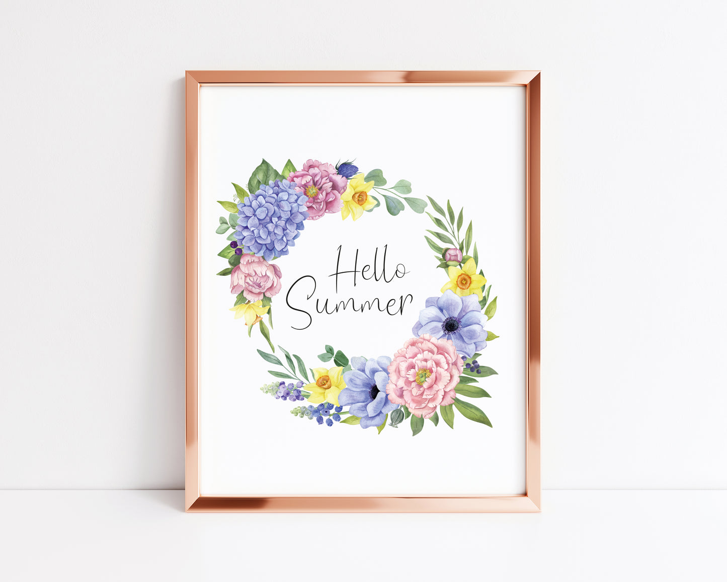 Hello summer purple, yellow and green floral wreath typography unframed print