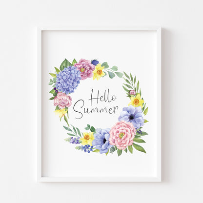 Hello summer purple, yellow and green floral wreath typography unframed print