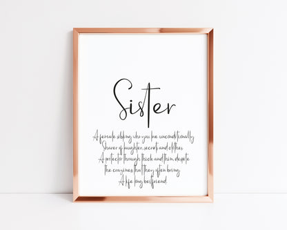 Sister typography definition unframed wall art poster print