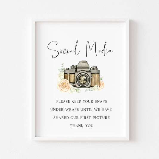 Social media wedding sign, please keep your snaps under wraps, watercolour photography camera unframed wall art poster print