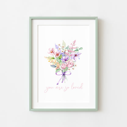 You are so loved purple pink watercolour wildflower bouquet unframed wall art poster print