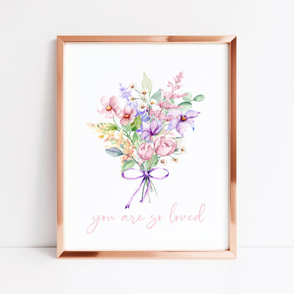 You are so loved purple pink watercolour wildflower bouquet unframed wall art poster print