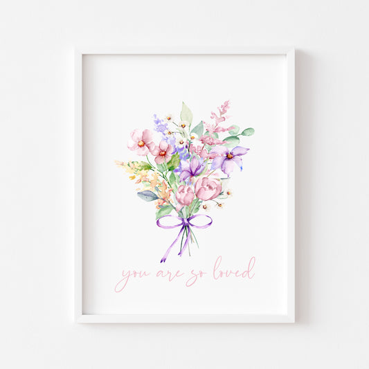 You are so loved purple pink watercolour wildflower bouquet unframed wall art poster print