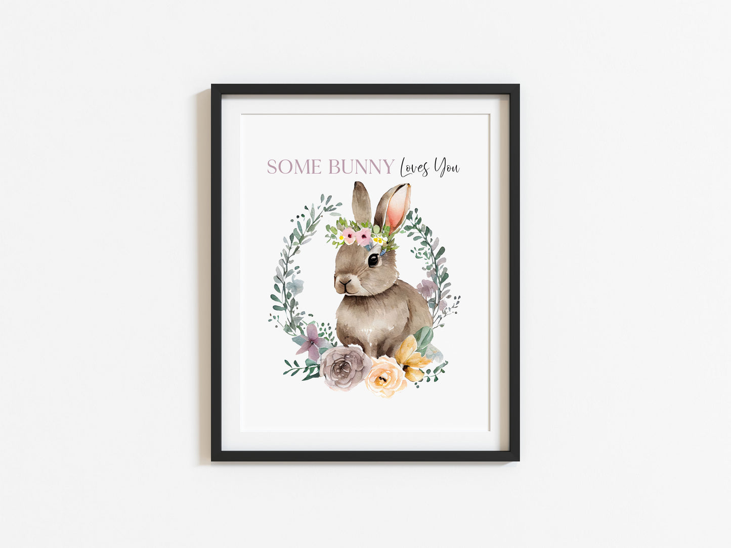 Some Bunny loves you purple watercolour floral wreath and Bunny spring seasonal unframed wall art poster print