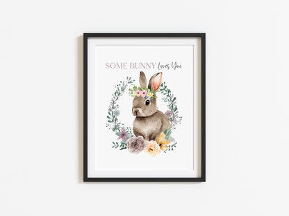 Some Bunny loves you purple watercolour floral wreath and Bunny spring seasonal unframed wall art poster print