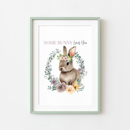 Some Bunny loves you purple watercolour floral wreath and Bunny spring seasonal unframed wall art poster print