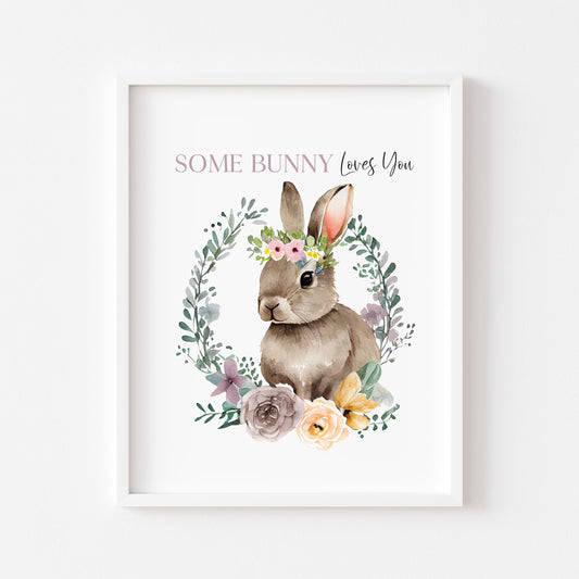 Some Bunny loves you purple watercolour floral wreath and Bunny spring seasonal unframed wall art poster print