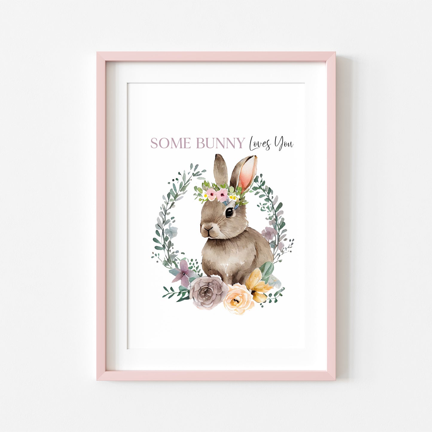 Some Bunny loves you purple watercolour floral wreath and Bunny spring seasonal unframed wall art poster print