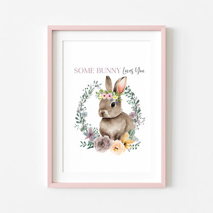 Some Bunny loves you purple watercolour floral wreath and Bunny spring seasonal unframed wall art poster print