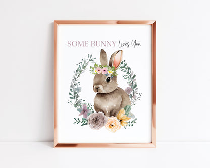 Some Bunny loves you purple watercolour floral wreath and Bunny spring seasonal unframed wall art poster print