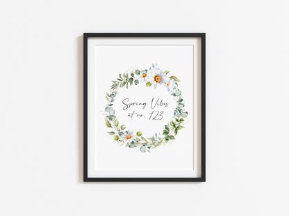 Spring Vibes at no. (house number) watercolour Daisy floral wreath spring home unframed wall art poster print