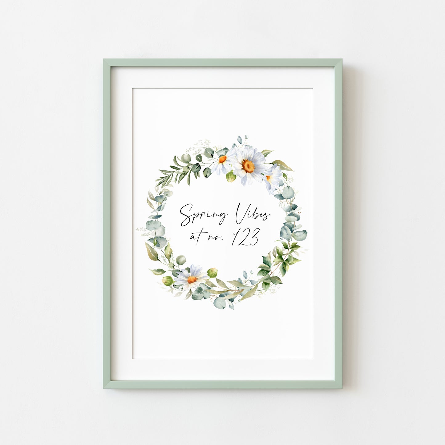 Spring Vibes at no. (house number) watercolour Daisy floral wreath spring home unframed wall art poster print