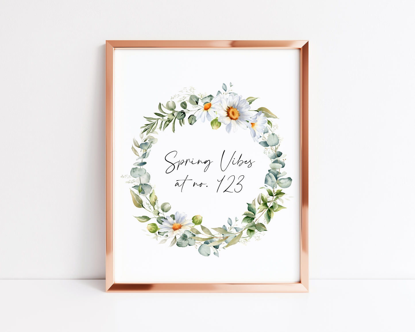 Spring Vibes at no. (house number) watercolour Daisy floral wreath spring home unframed wall art poster print