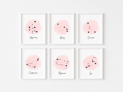 Star signs pink watercolour celestial bedroom wall art unframed poster print