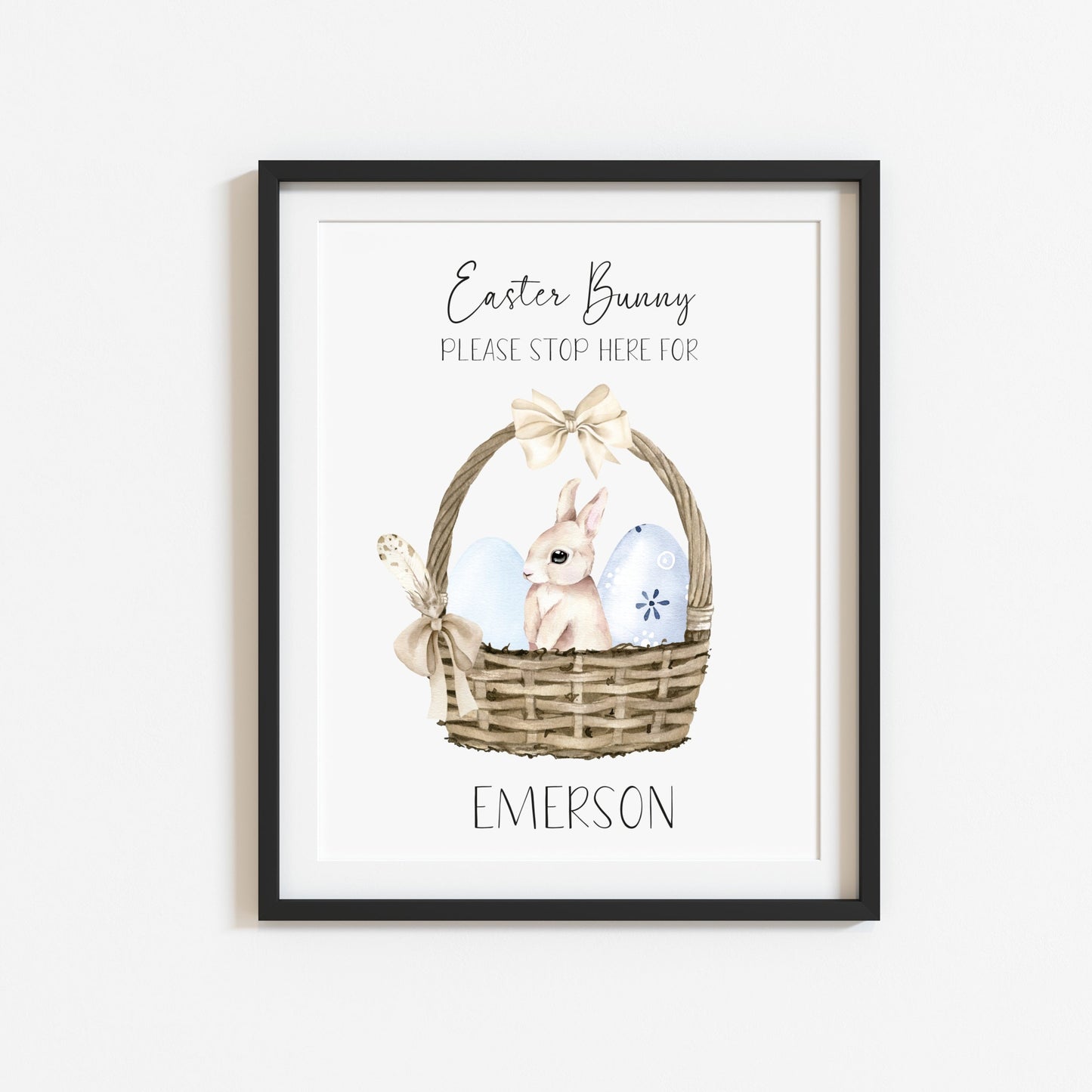 Personalised Easter Bunny please stop here for watercolour blue basket +eggs unframed wall art poster print