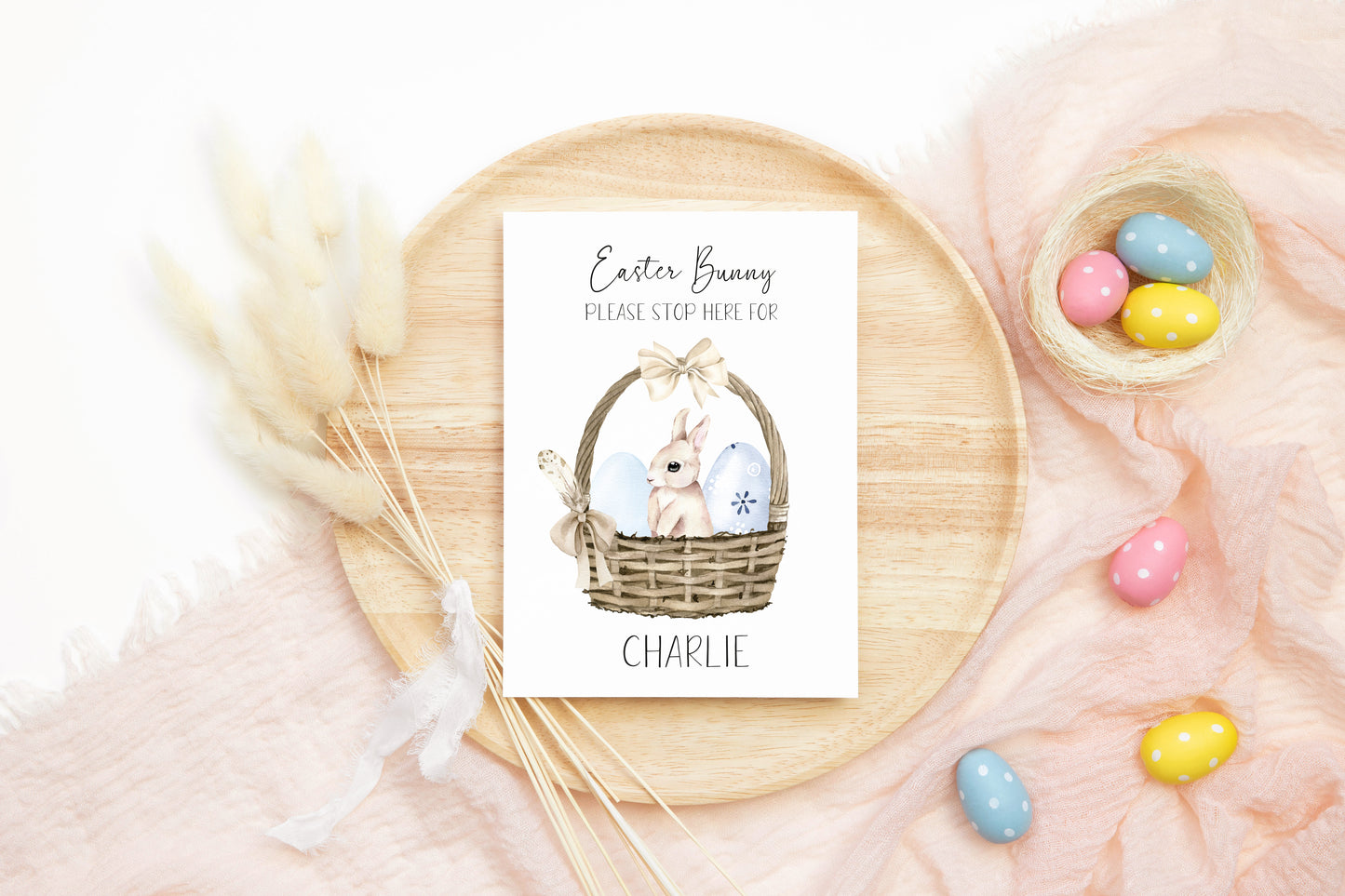 Personalised Easter Bunny please stop here for watercolour blue basket +eggs unframed wall art poster print