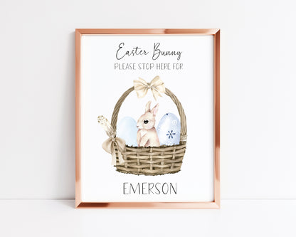 Personalised Easter Bunny please stop here for watercolour blue basket +eggs unframed wall art poster print