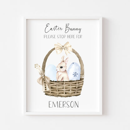 Personalised Easter Bunny please stop here for watercolour blue basket +eggs unframed wall art poster print