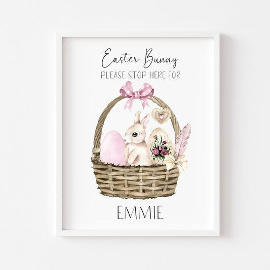 Personalised Easter Bunny please stop here for watercolour pink basket +eggs unframed wall art poster print