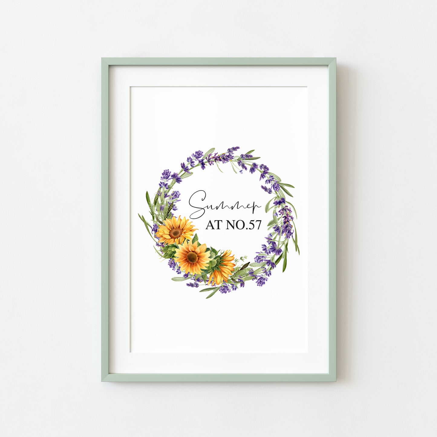 Summer at no. personalised Sunflower floral watercolour wreath typography home unframed wall art poster print