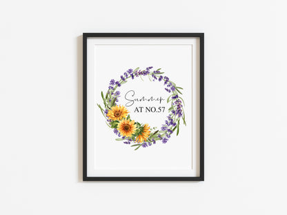 Summer at no. personalised Sunflower floral watercolour wreath typography home unframed wall art poster print