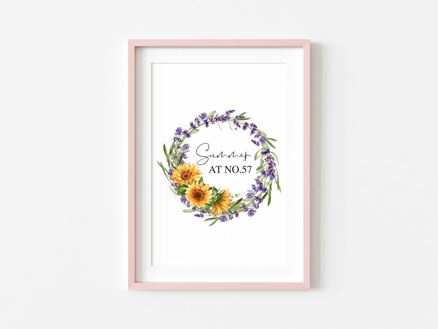 Summer at no. personalised Sunflower floral watercolour wreath typography home unframed wall art poster print