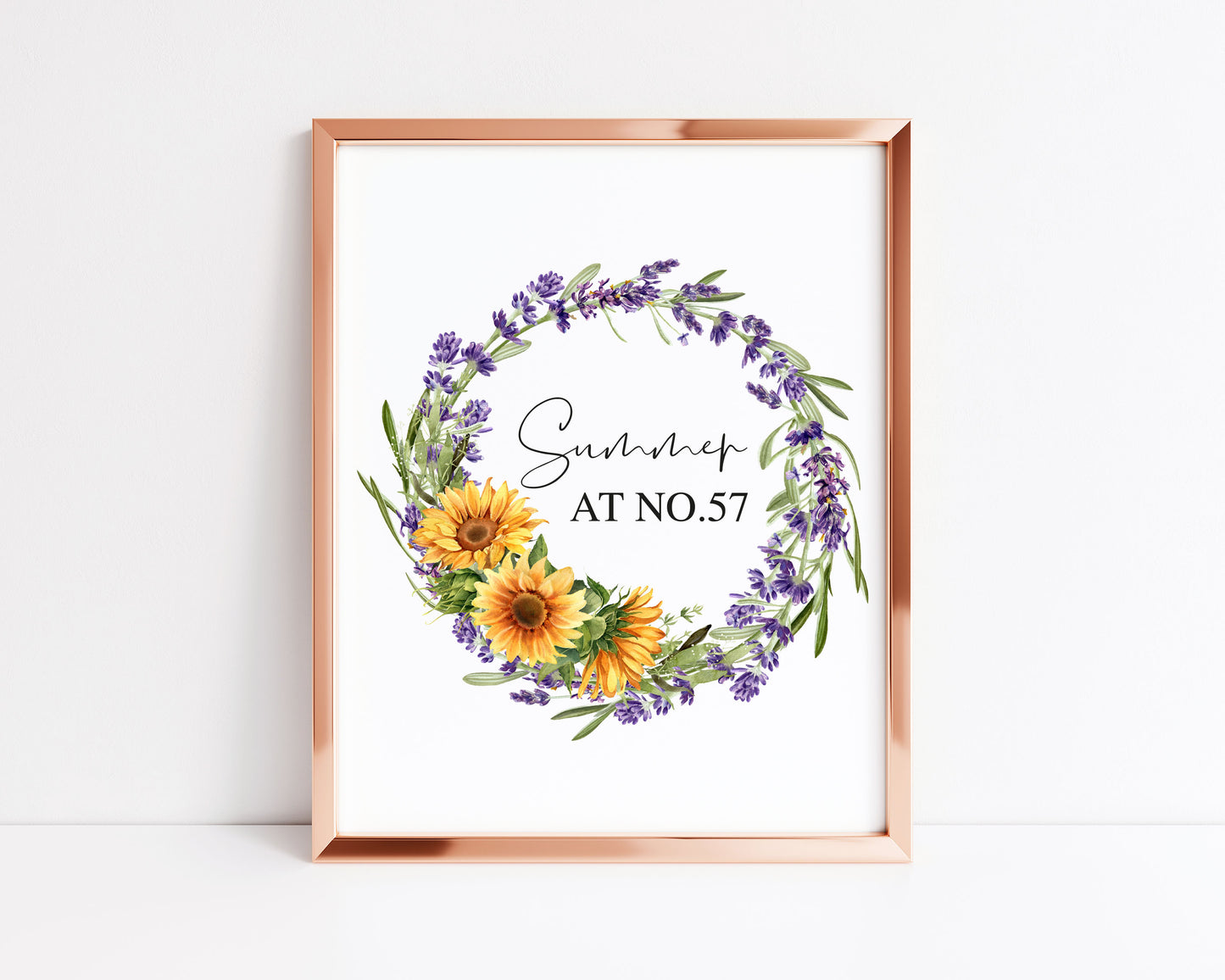 Summer at no. personalised Sunflower floral watercolour wreath typography home unframed wall art poster print