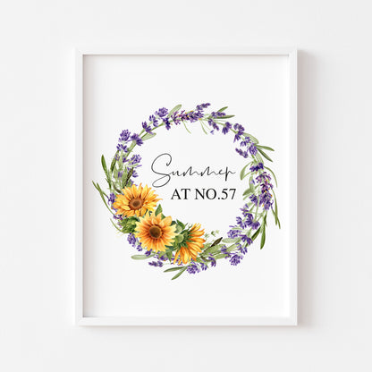 Summer at no. personalised Sunflower floral watercolour wreath typography home unframed wall art poster print