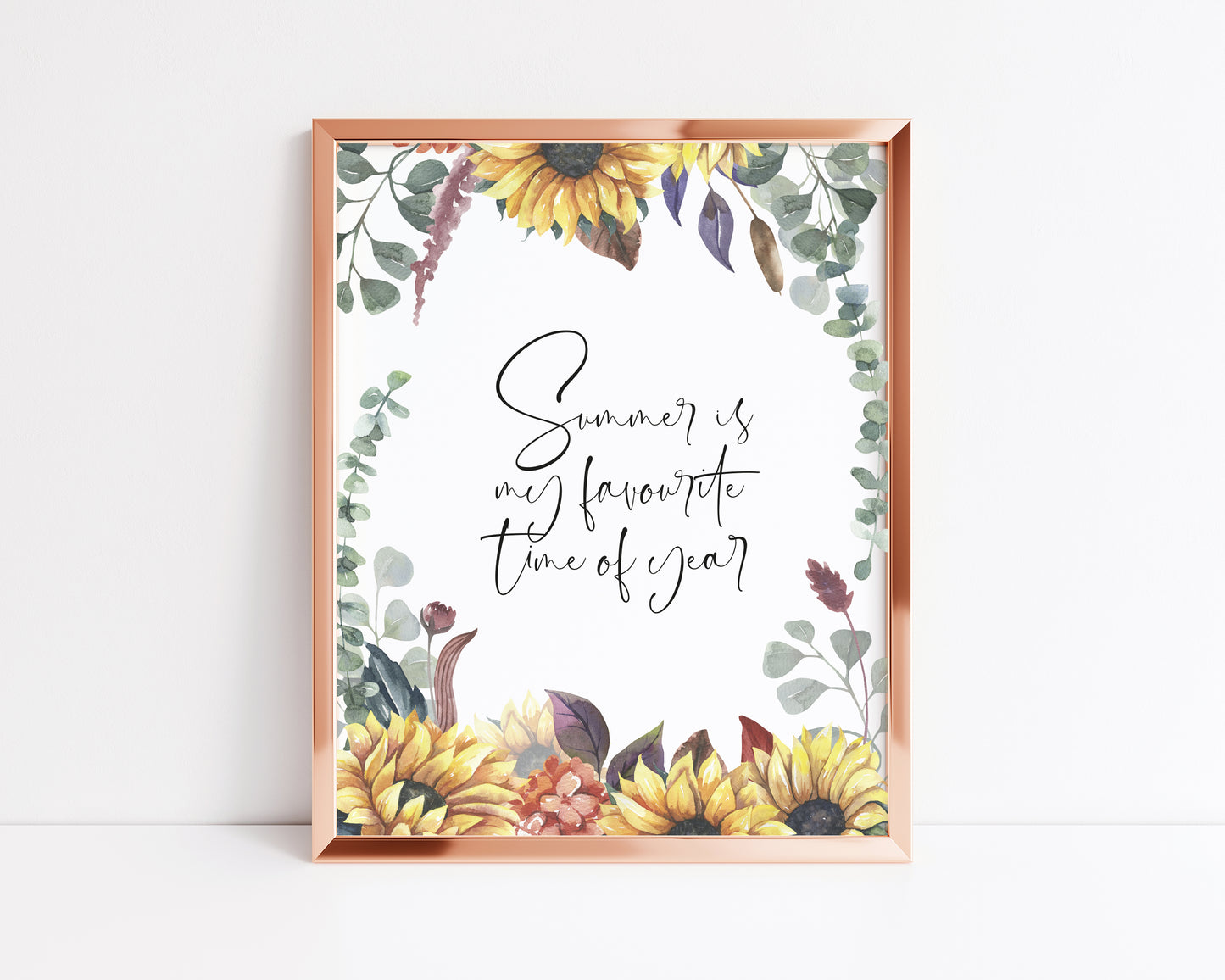 Summer is my favourite time of year watercolour sunflower, greenery border typography unframed print