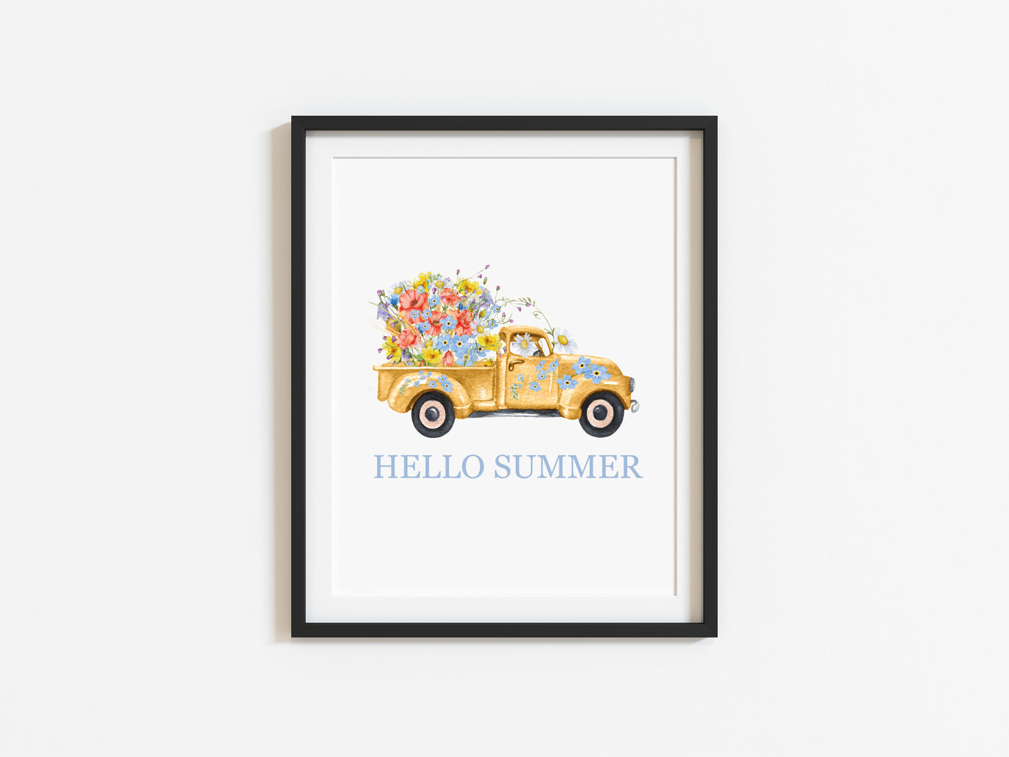 Hello summer watercolour floral yellow wildflower truck illustration unframed wall art poster print